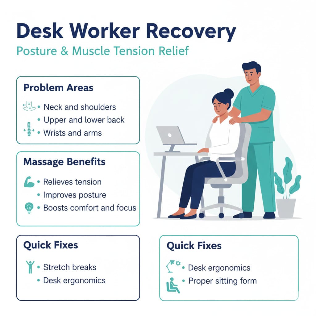 Professional receiving massage for desk work-related tension and posture issues