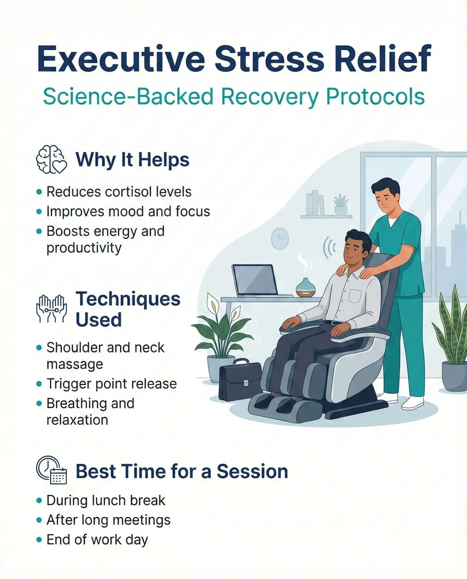 Professional executive receiving therapeutic massage for stress relief in elegant setting