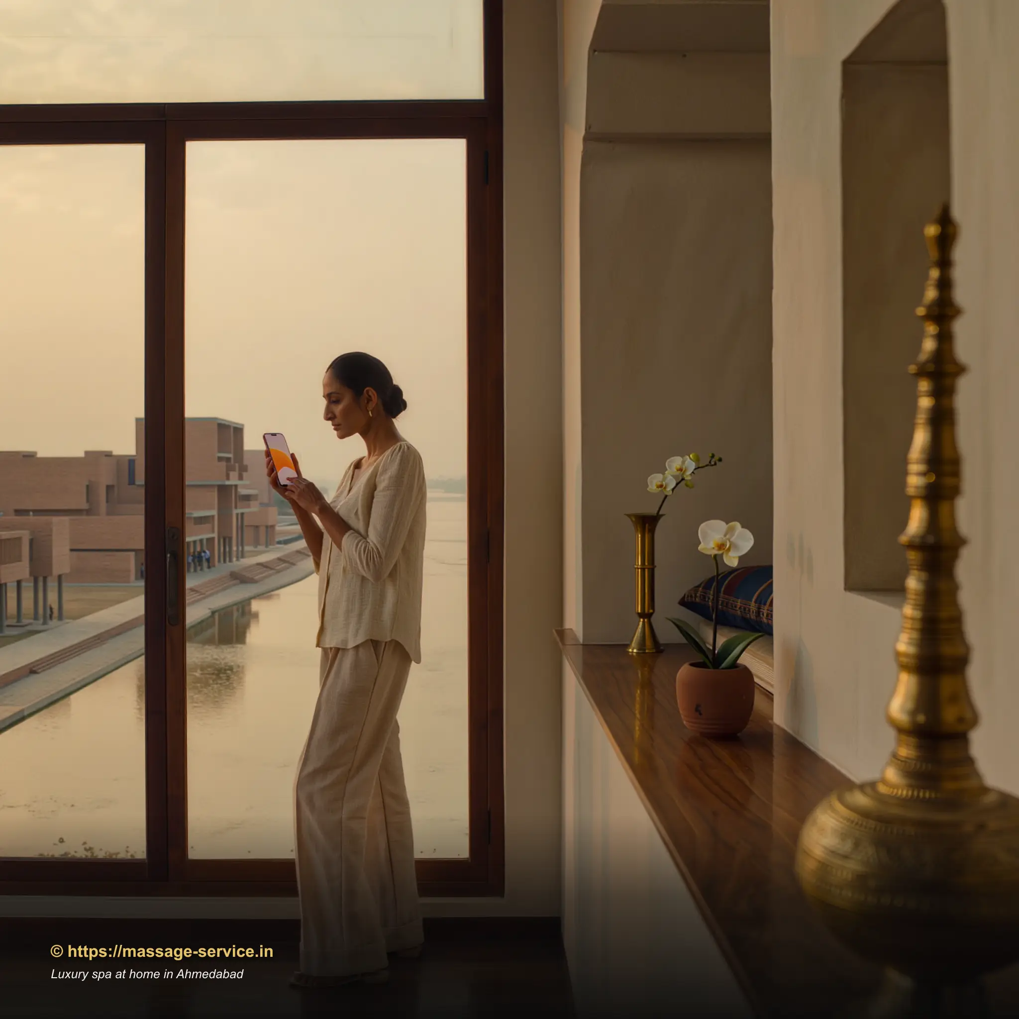 Young woman in an Ahmedabad apartment booking a luxury home spa session on her phone, soft golden-hour light through a window framed by indoor plants