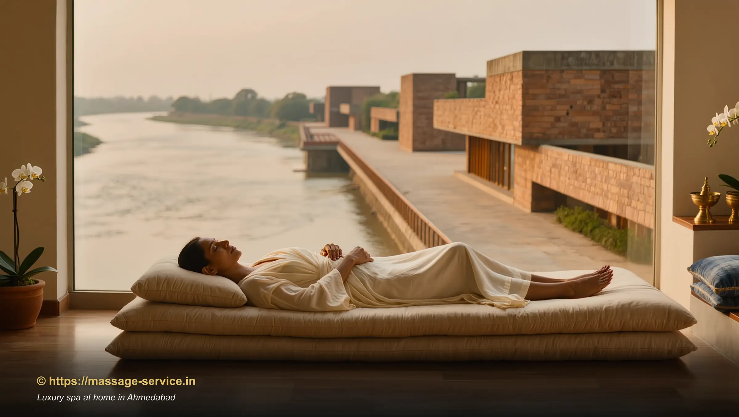 A guest reclining peacefully in a soft silk robe after a luxury home spa session in an Ahmedabad apartment