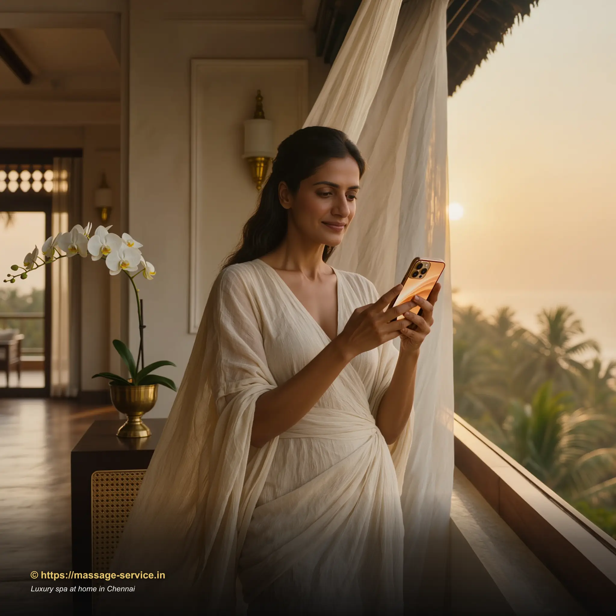 Young woman in a Chennai apartment booking a luxury home spa session on her phone, soft golden-hour light through a sea-facing window