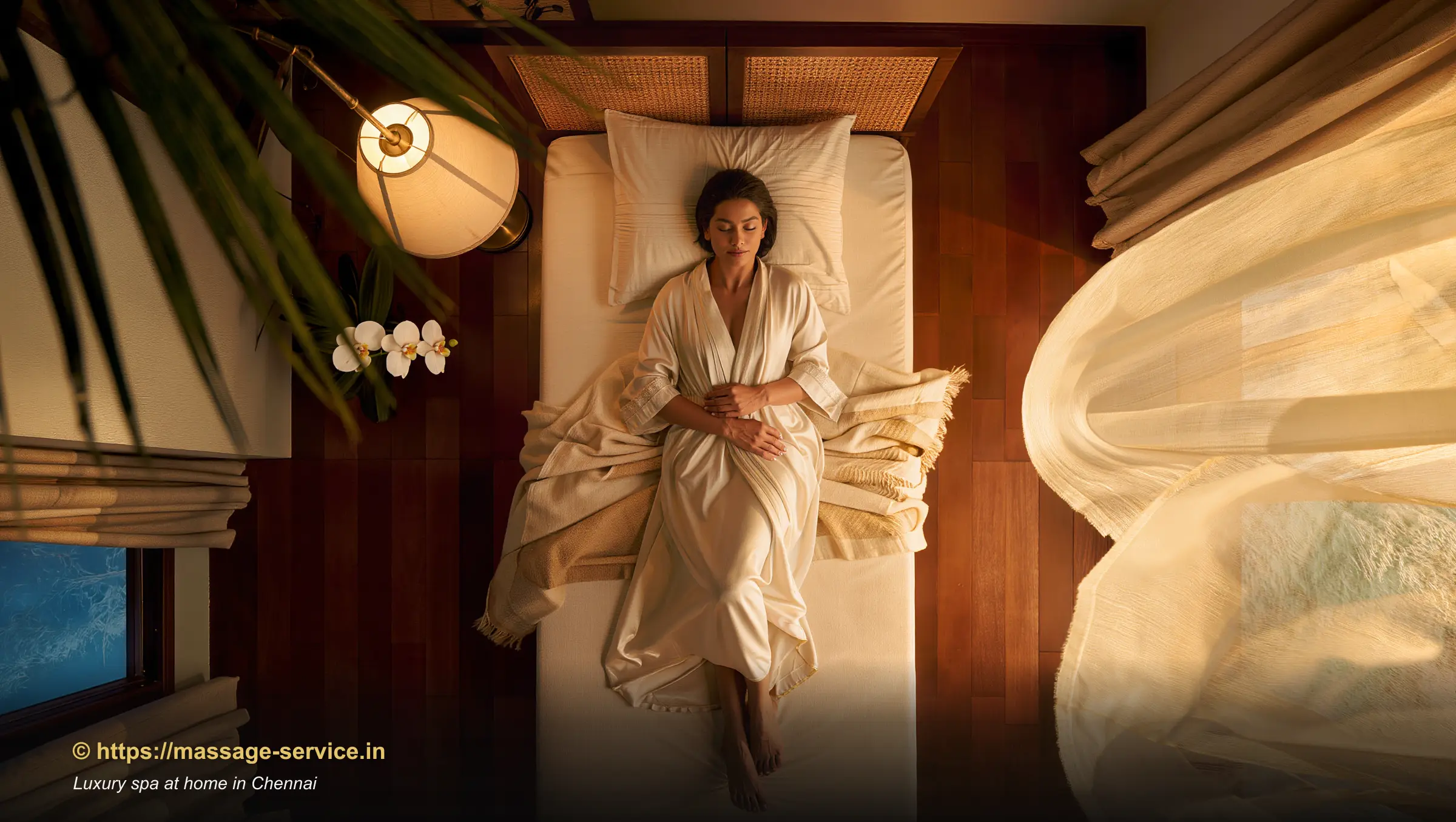 A guest reclining peacefully in a soft silk robe after a luxury home spa session in a Chennai apartment