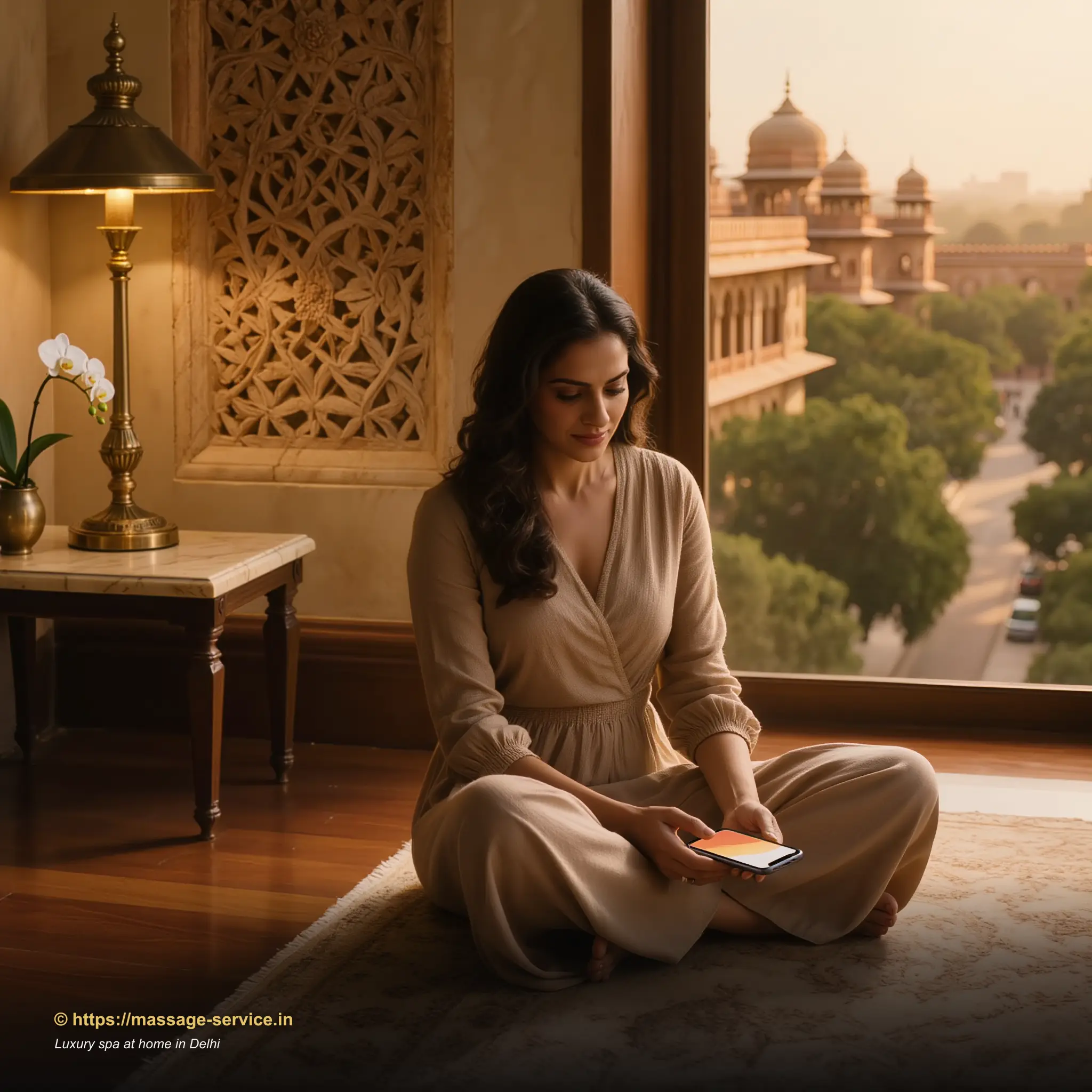 Young woman in a Delhi apartment booking a luxury home spa session on her phone, soft golden-hour light through a Lutyens-boulevard window