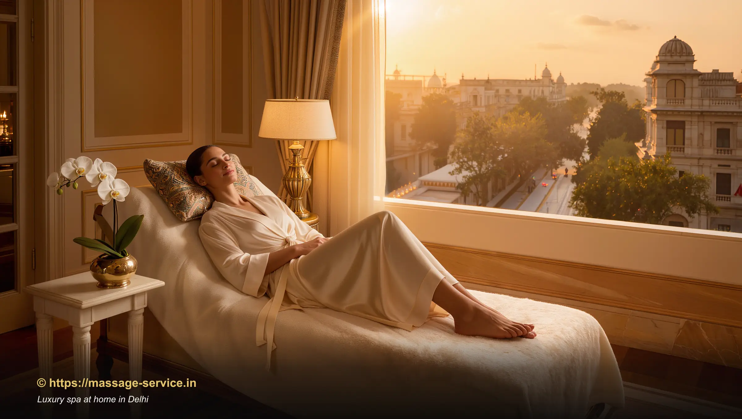 A guest reclining peacefully in a soft silk robe after a luxury home spa session in a South Delhi apartment