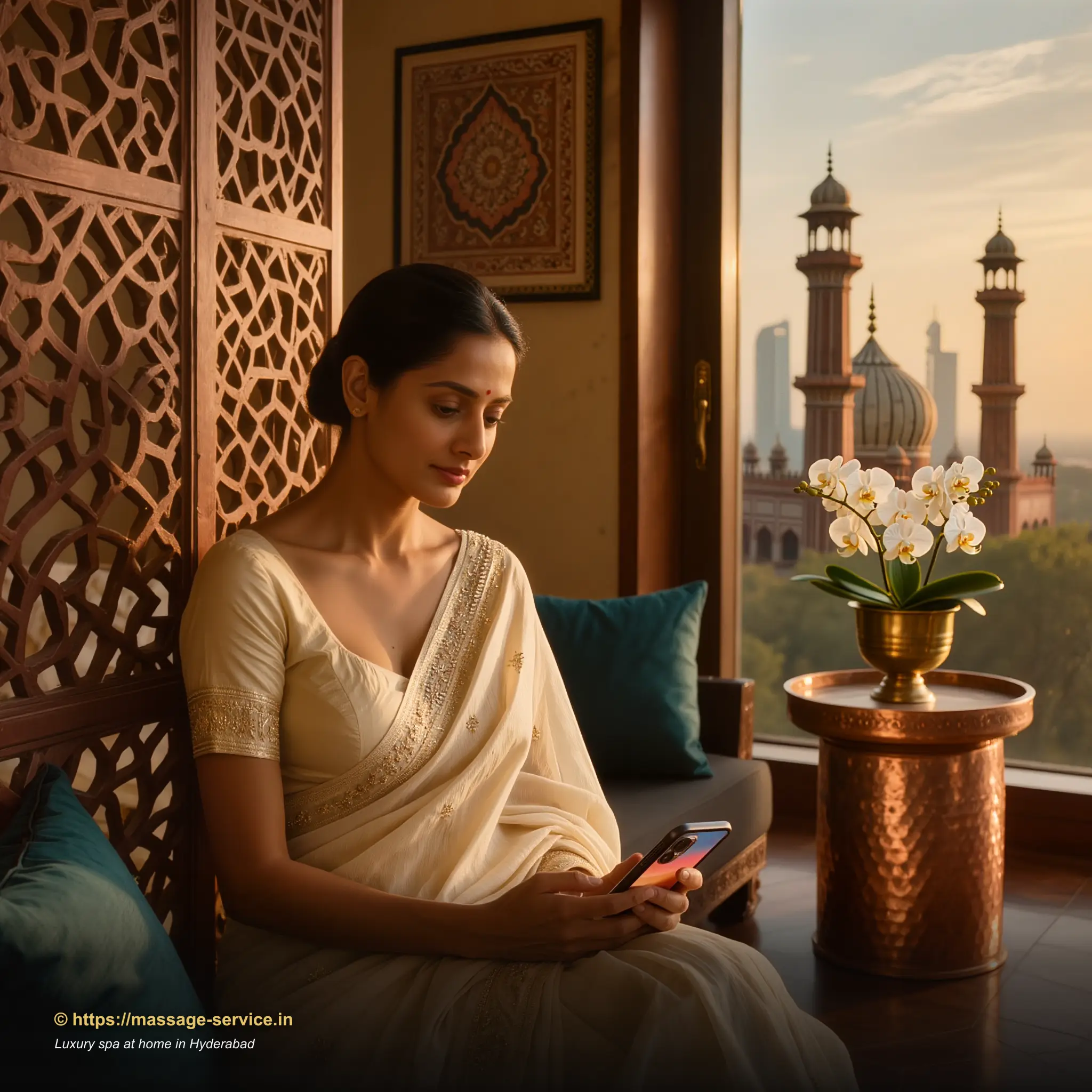 Young woman in a Hyderabad apartment booking a luxury home spa session on her phone, soft golden-hour light through a jali-screen window