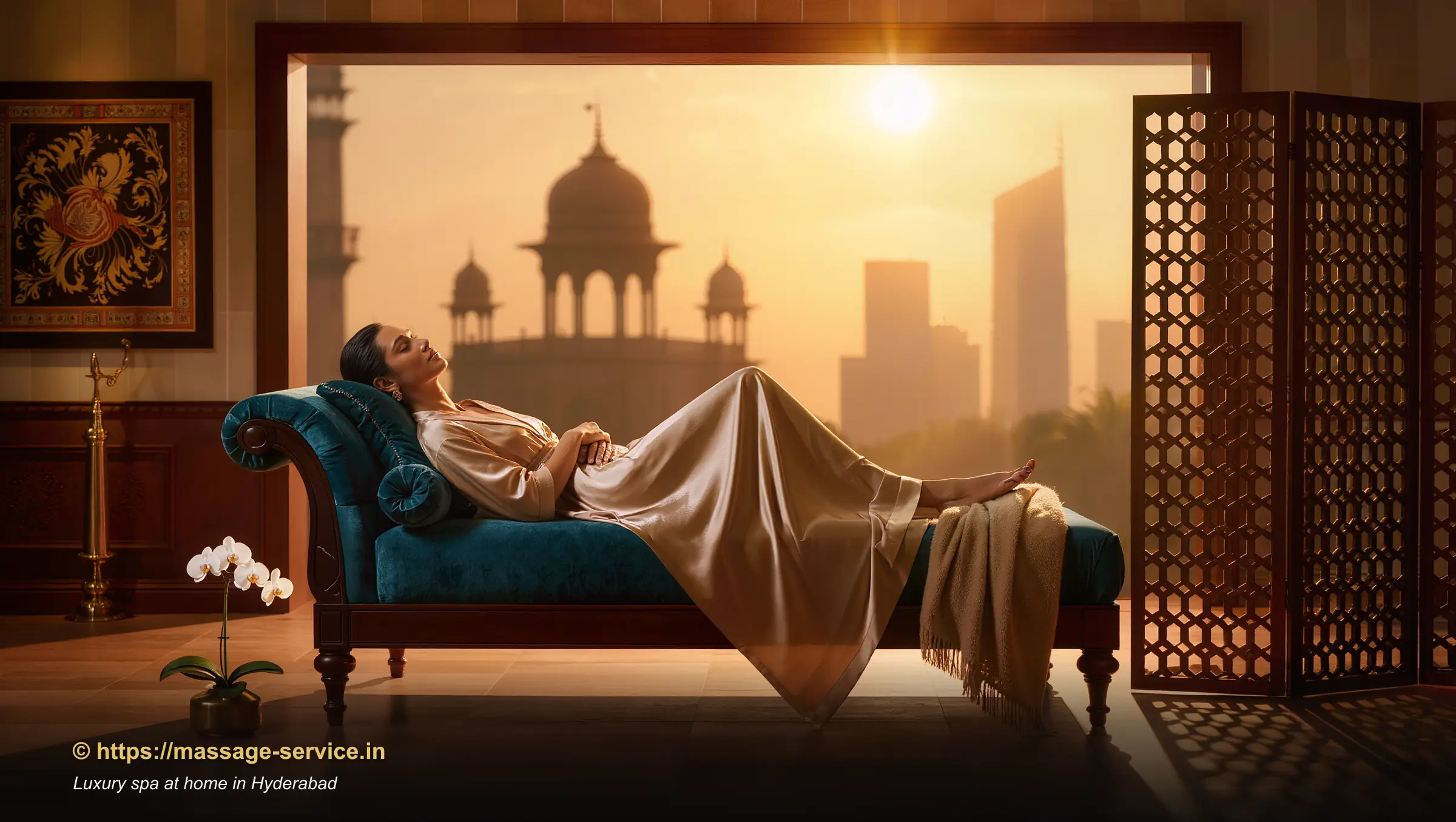 A guest reclining peacefully in a soft silk robe after a luxury home spa session in a Hyderabad apartment