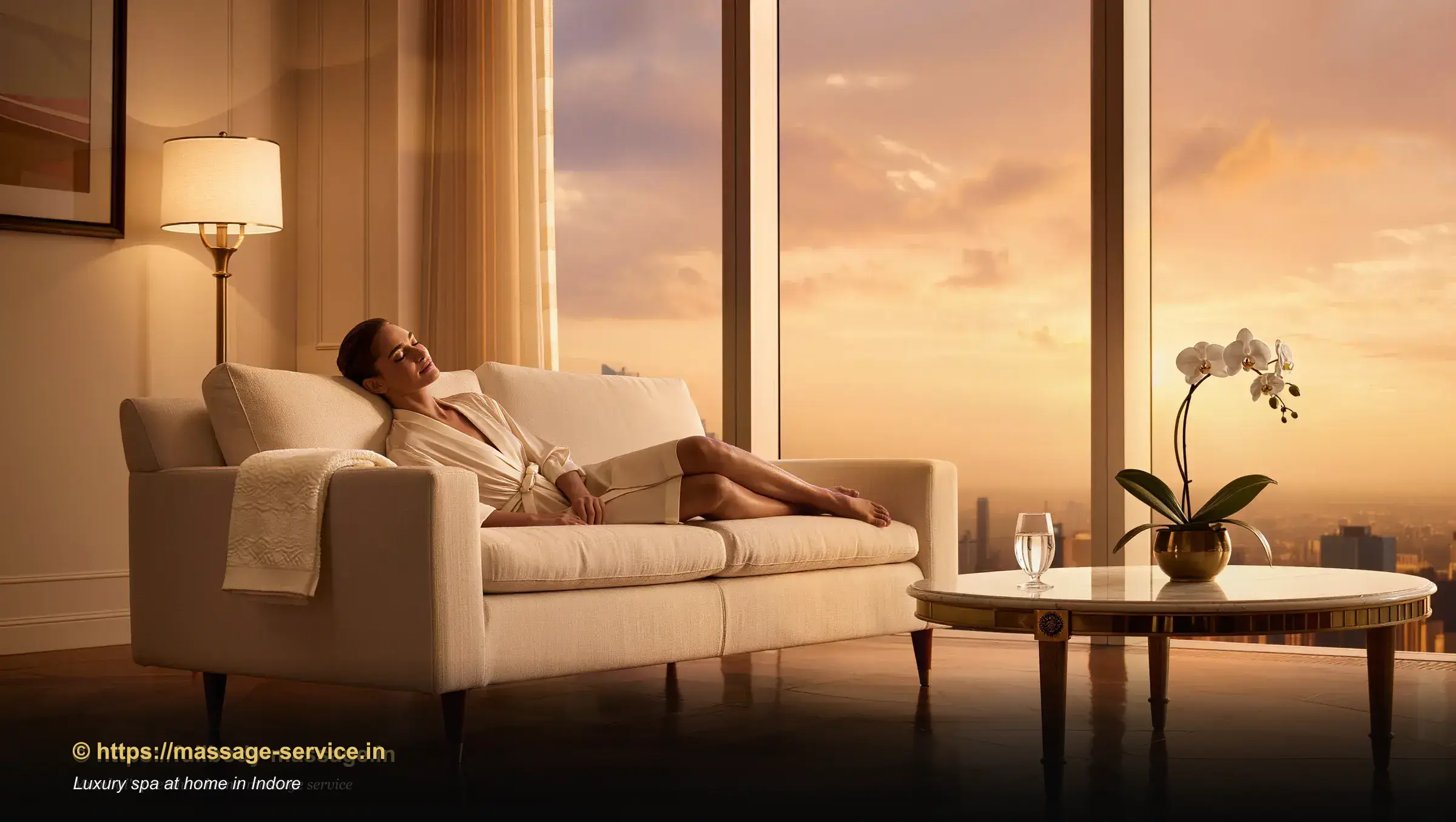 A guest reclining peacefully in a soft silk robe after a luxury home spa session in an Indore apartment
