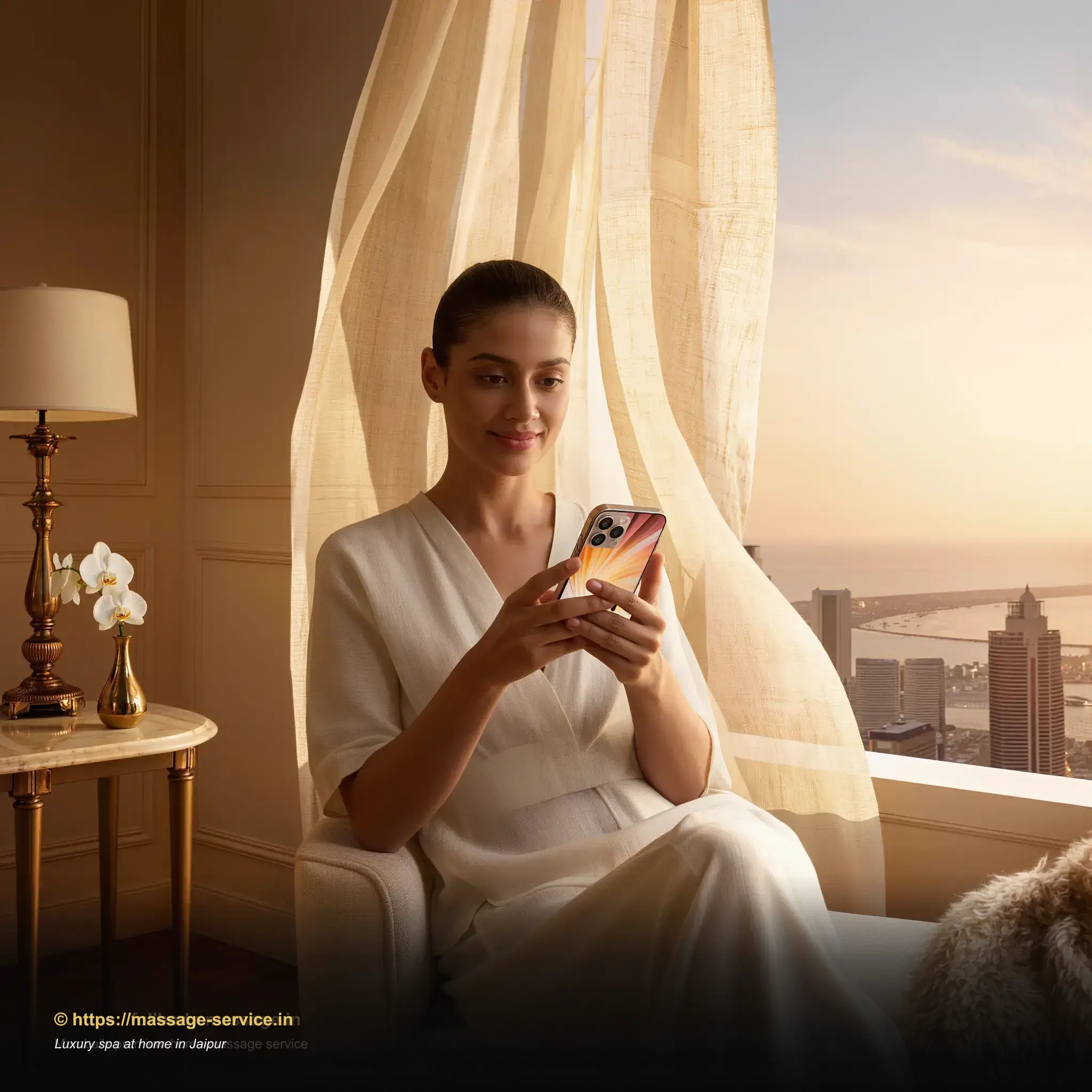 Young woman in a Jaipur apartment booking a luxury home spa session on her phone, soft golden-hour light through a window framed by indoor plants