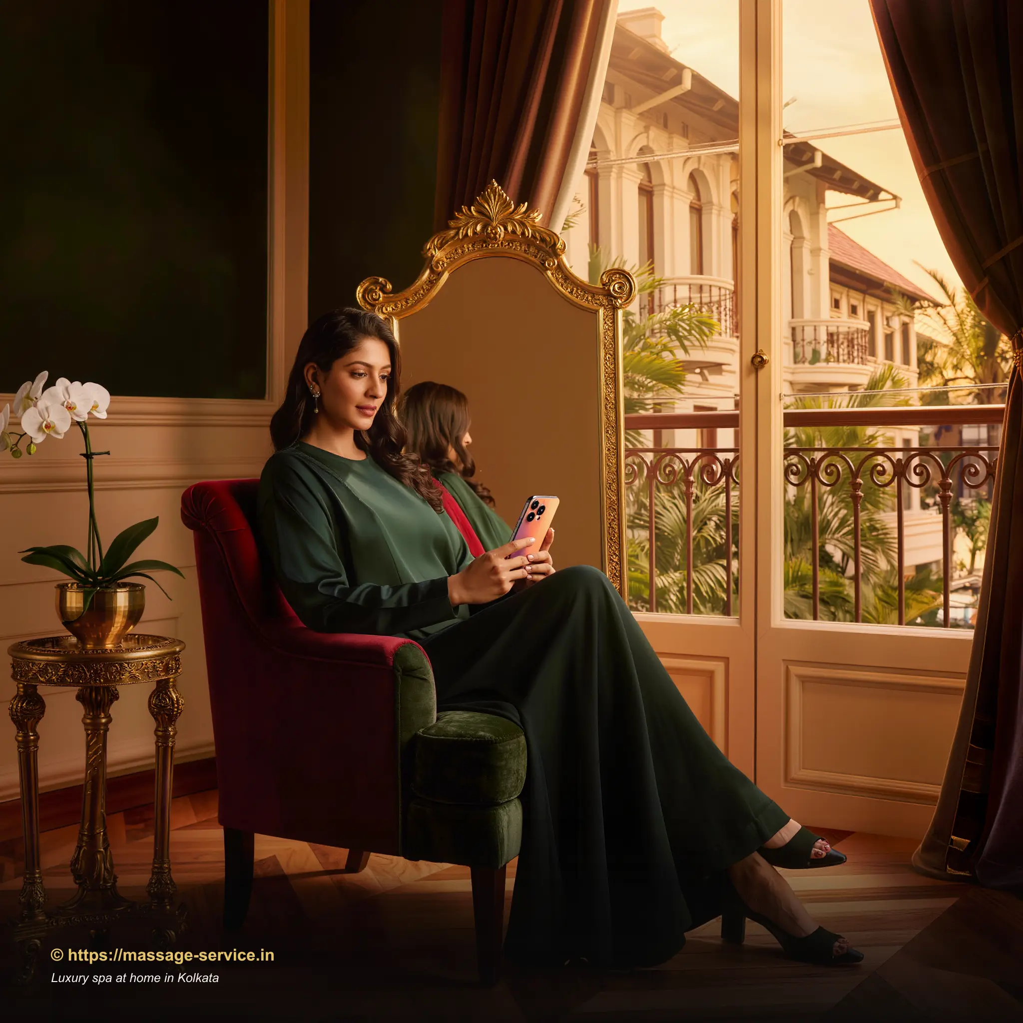 Young woman in a Kolkata apartment booking a luxury home spa session on her phone, soft golden-hour light through a window framed by indoor plants
