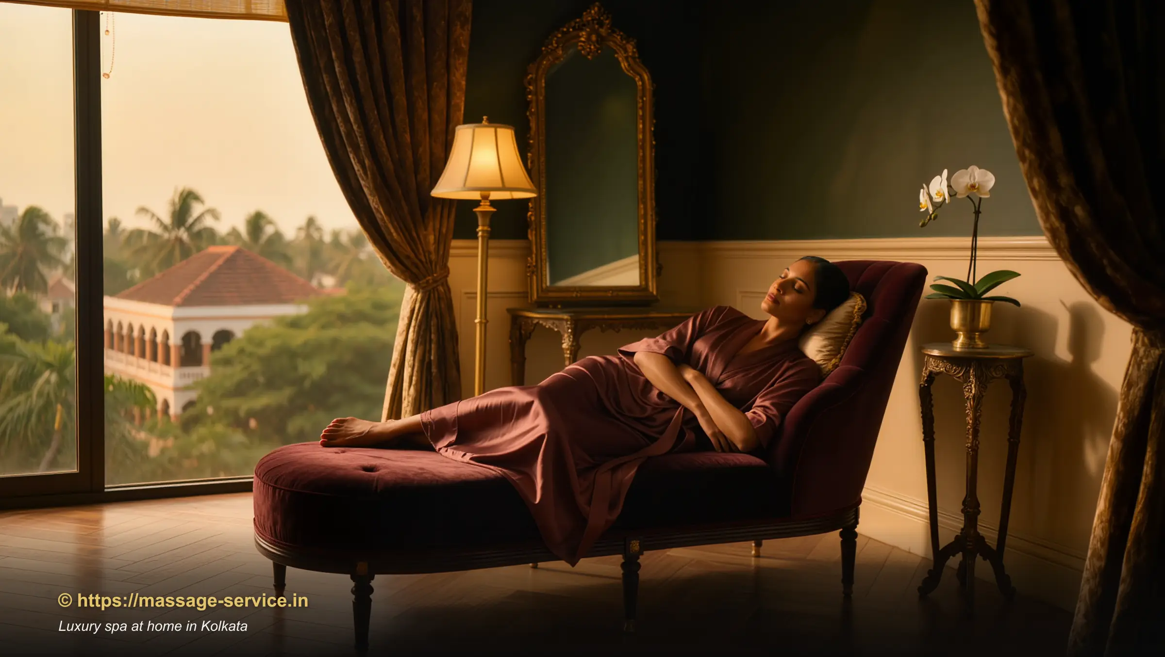 A guest reclining peacefully in a soft silk robe after a luxury home spa session in a Kolkata apartment
