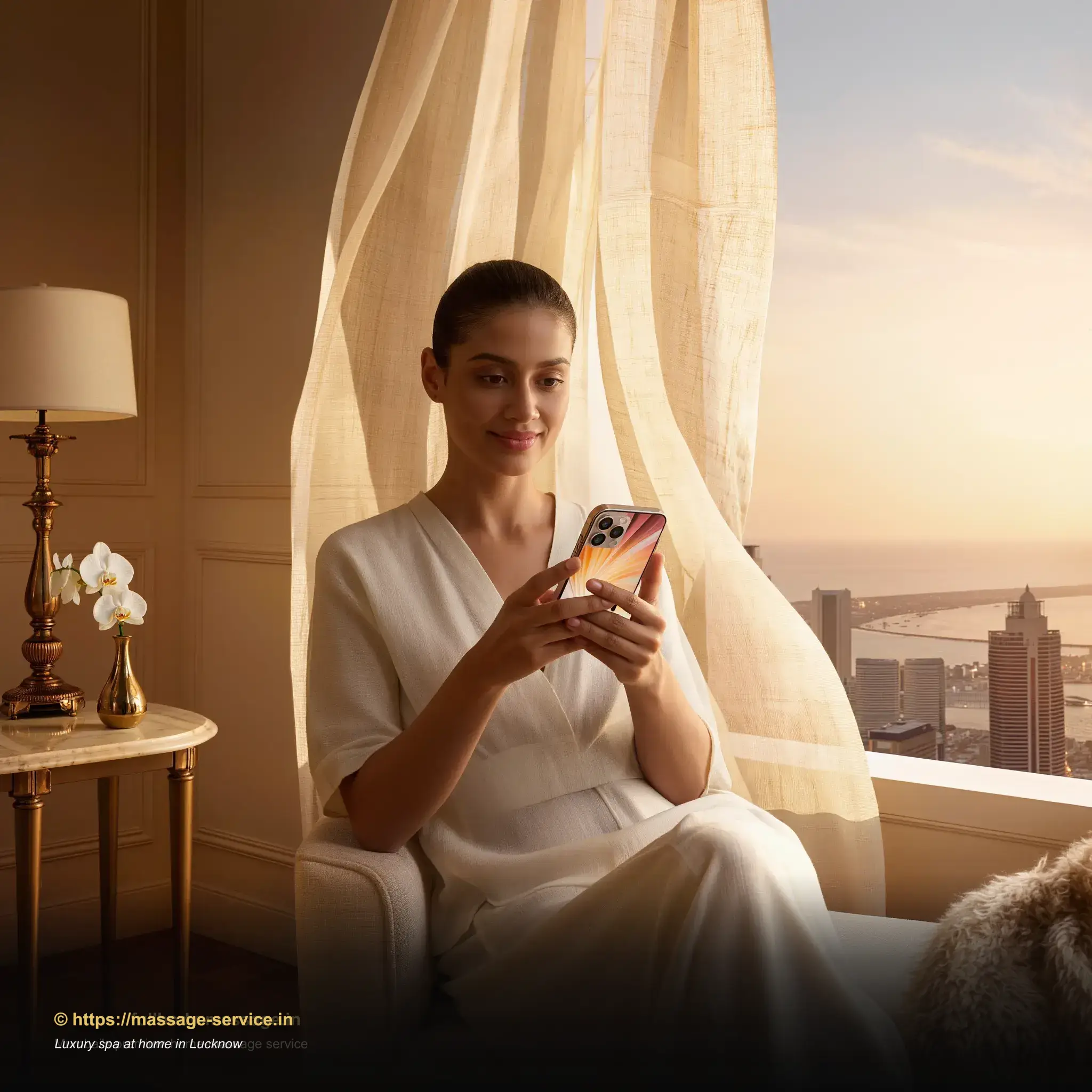 Young woman in a Lucknow apartment booking a luxury home spa session on her phone, soft golden-hour light through a window framed by indoor plants