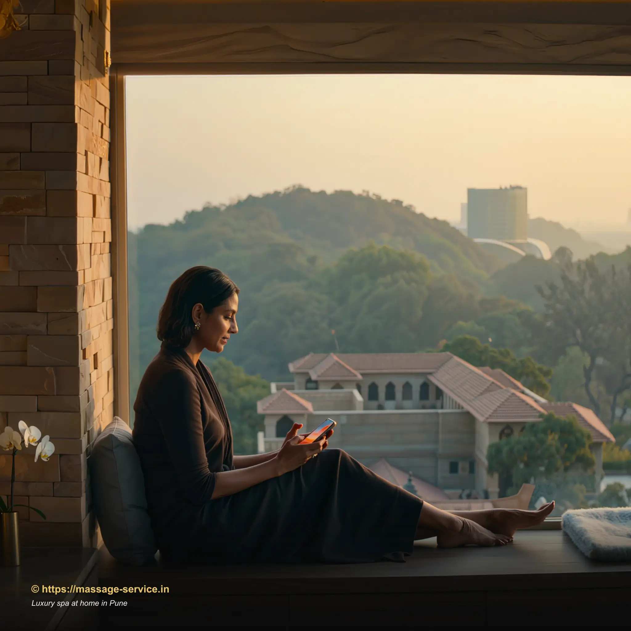 Young woman in a Pune apartment booking a luxury home spa session on her phone, soft golden-hour light through a window framed by indoor plants