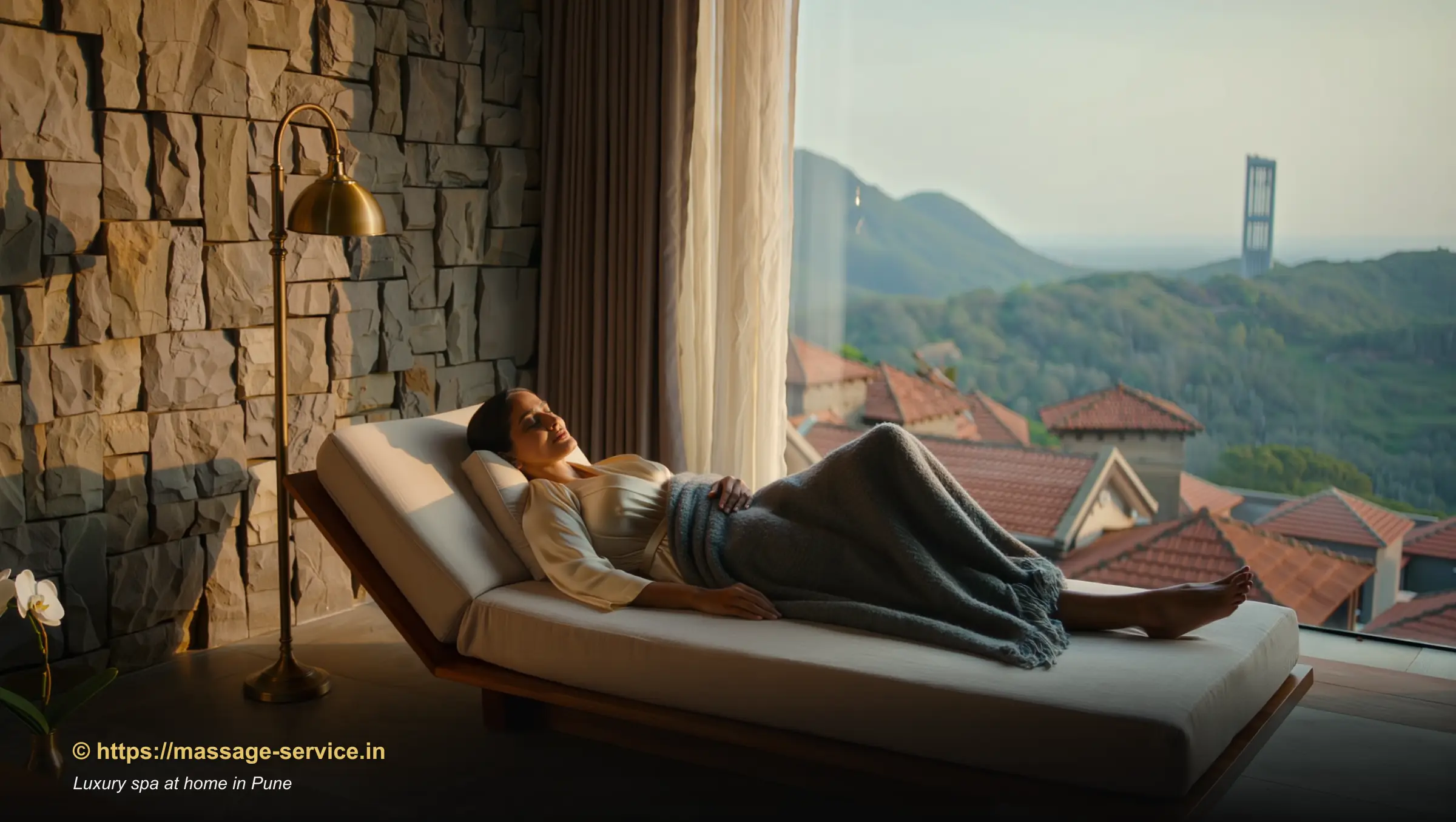 A guest reclining peacefully in a soft silk robe after a luxury home spa session in a Pune apartment