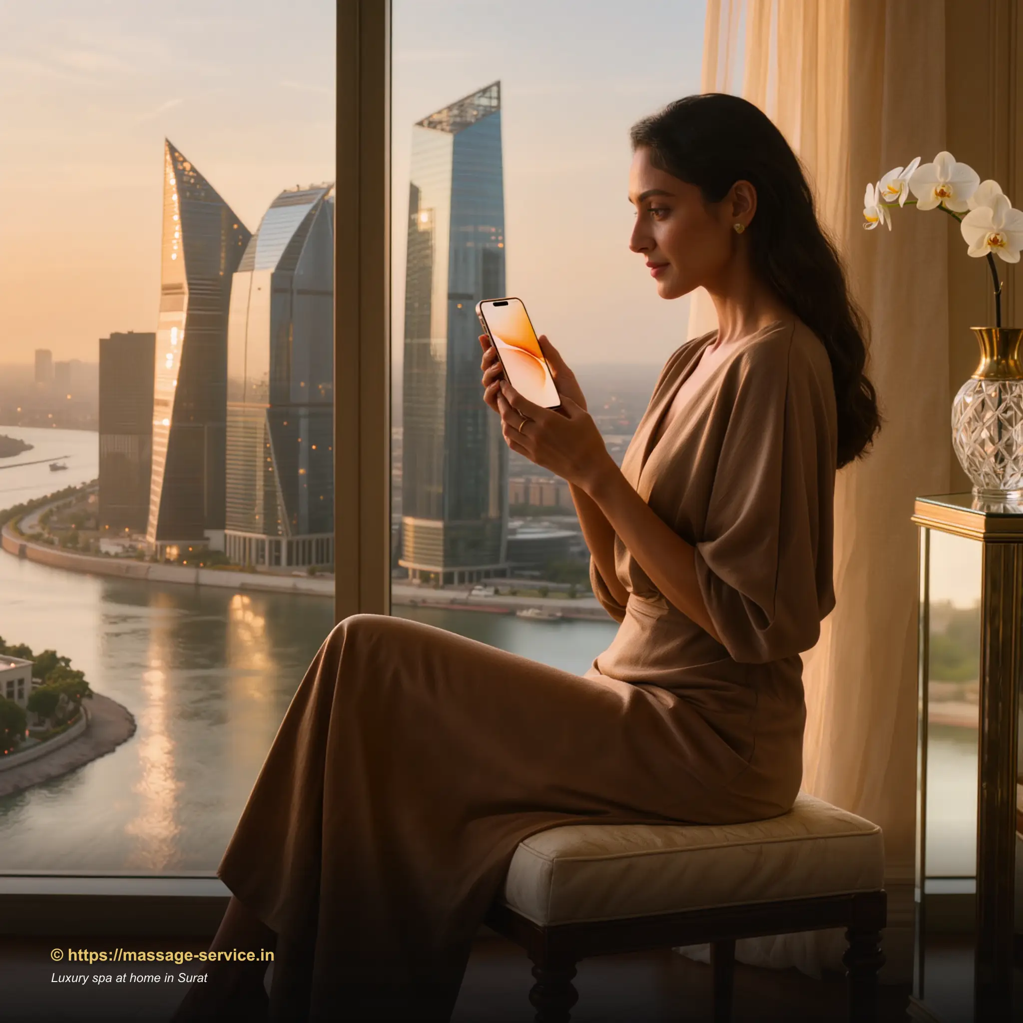 Young woman in a Surat apartment booking a luxury home spa session on her phone, soft golden-hour light through a window framed by indoor plants