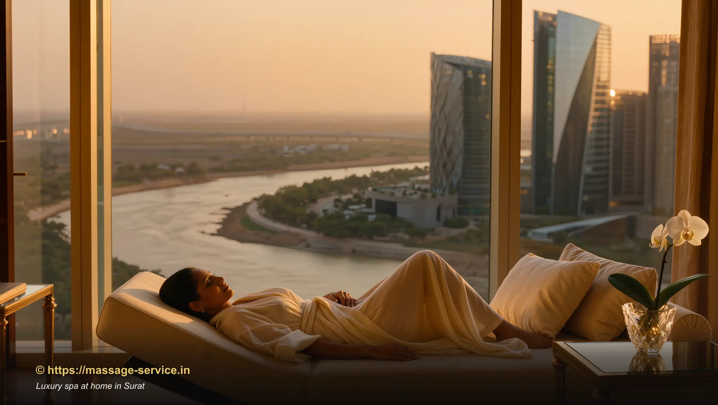 A guest reclining peacefully in a soft silk robe after a luxury home spa session in a Surat apartment